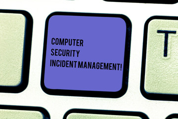 Writing note showing Computer Security Incident Management. Business photo showcasing Safe cyber technology analysisaging Keyboard key Intention to create computer message pressing keypad idea