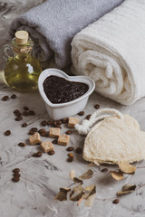 Fototapeta na wymiar Natural Ingredients for Homemade Body Chocolate Coffee Sugar Salt Scrub Oil Beauty SPA Concept Body Care Love Valentines Day Vintage