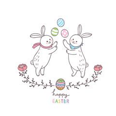 Cartoon Easter day rabbit and colorful egg vector.