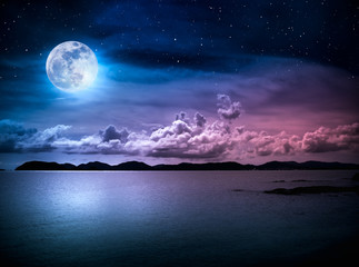 Landscape of sky with full moon on seascape to night. Serenity nature.