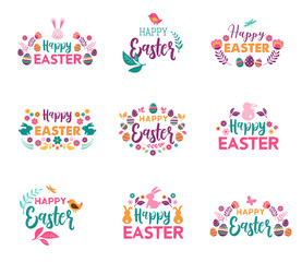 Obraz premium Happy Easter, vector symbols, logo, badges and lettering design