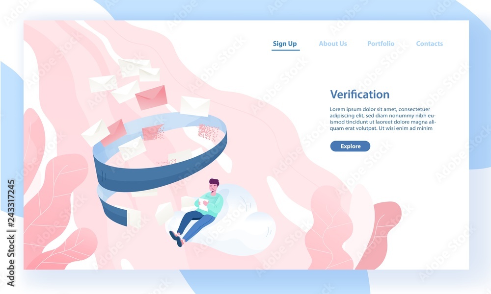 Poster Web banner template with man sitting on cloud and reading incoming letters. Email filtering, anti-spam software, inbox message verification. Vector illustration for internet service advertisement.