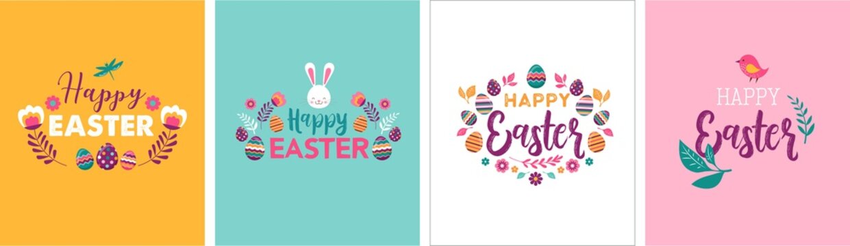 Happy Easter, vector symbols, logo, badges and lettering design