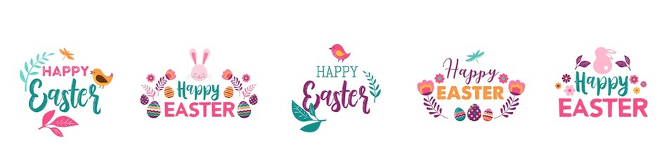 Happy Easter, vector symbols, logo, badges and lettering design