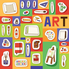 Art studio seamless pattern vector studying in art-school with artist tools watercolor paint brushes palette for color paints artwork sticker backdrop illustration artistic painting set of background