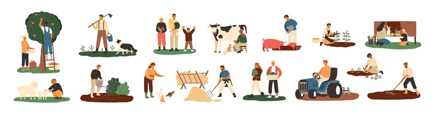 Set of farmers or agricultural workers planting crops, gathering harvest, collecting apples, feeding farm animals, carrying fruits, milking cow, working on tractor. Flat cartoon vector illustration. © Good Studio
