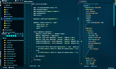 Css and php code on dark blue background, close up. Splitting of css and php code in the code editor, front view