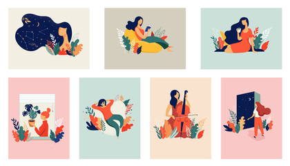 Feminine concept illustration, beautiful women in different situations. international women's day. Flat style vector design set stock vectors