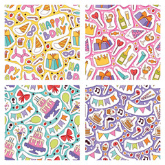 Birthday party seamless pattern vector anniversary cartoon kids happy birth cake or cupcake celebration with gifts and birthday candles flags sticker backdrop set illustration background