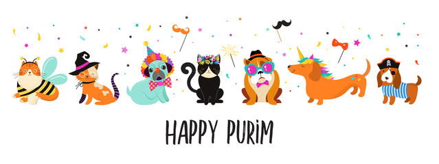 Funny animals, pets. Cute dogs and cats with a colorful carnival costumes, vector illustration. Happy Purim banner