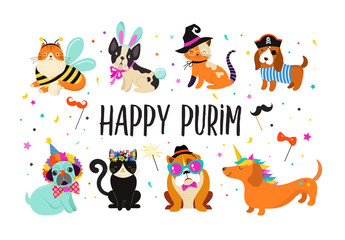 Plakat Funny animals, pets. Cute dogs and cats with a colorful carnival costumes, vector illustration. Happy Purim banner