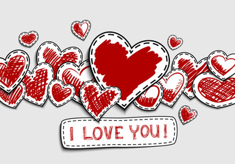 Greeting card for Valentines Day. Hand-drawn hearts on a white background.