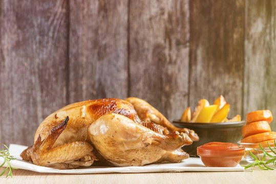 Roasted Chicken, Potatoes And Vegetables On Light Table. Side View