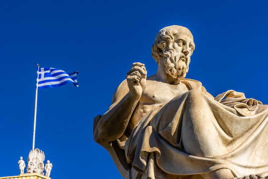 Statue of the Greek philosopher Plato in front of the Academy of Athens, Greece