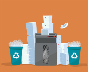 A pile of paper and documents stands above big floor shredder. . Many paperwork concept. Huge stacks of used paper and plastic recycle bins full of scraps of paper. Flat cartoon vector illustration.