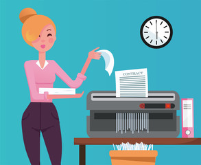 Blond Woman employee shredding the pile of paper documents in small table shedder. The shredded paper enters the recycle bin. Flat cartoon vector illustration