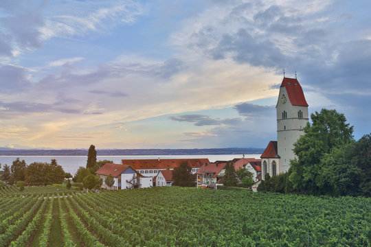Catholic Church St. Johann Baptist, Hagnau near a vineyard of the Bodensee lake