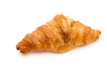 Tasty buttery croissants on the white background.