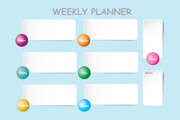 Weekly planner with a chart for notes and white horizontal charts for each day of the week designed by balls with a different color are ready for your text. 