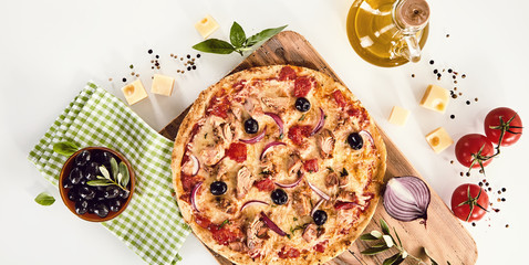 Top view of pizza with tuna and olives