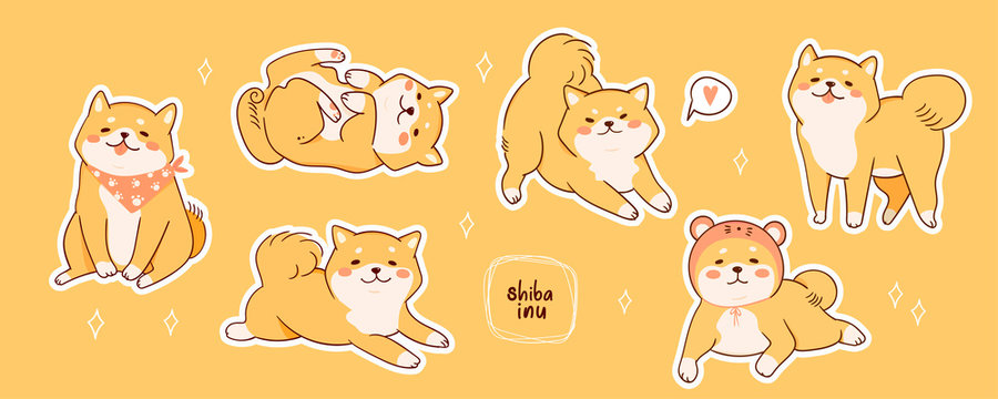 Kawaii Shiba Inu dogs in various poses. Hand drawn sticker vector set. All elements are isolated