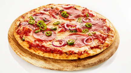Close-up of hot pizza on white background