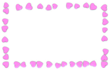 Valentine's Day abstract 3D frame or card made from small pink or rosy hearts on white background.