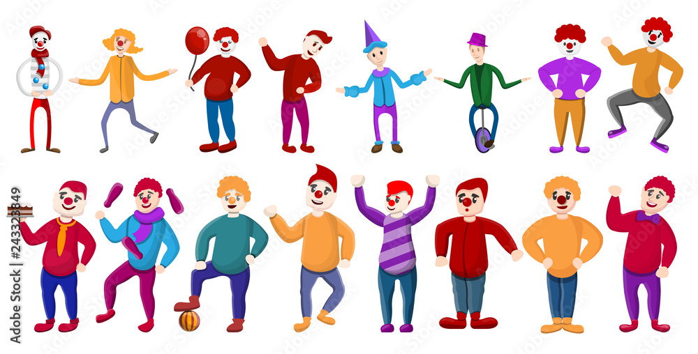 Poster clown icons set. cartoon set of clown vector icons for web design