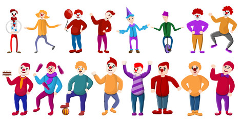 Clown icons set. Cartoon set of clown vector icons for web design