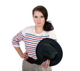 plus size girl with hat isolated on white background