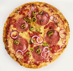 Hot pizza with onion and jalapeno from above