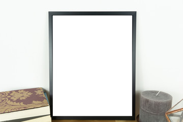 Stylish thin black blank frame. Modern home decor. Mock up.