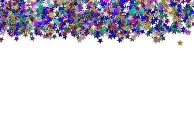 Multicolored star shaped confetti isolated on white background. Top view, copy space, working path.