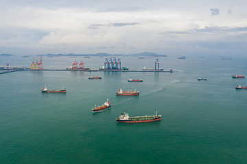 Aerial view of the ship carrying the lpg and oil tanker in the sea port. For energy export and import business for transportation