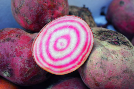 Fresh pink and white chioggia beets with concentric circles beets at a farmers market  - Powered by Adobe