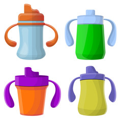 Sippy cup icons set. Cartoon set of sippy cup vector icons for web design