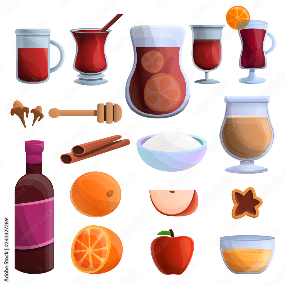 Poster mulled wine icons set. cartoon set of mulled wine vector icons for web design