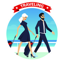 Woman with trabel bag. Vector illustration.