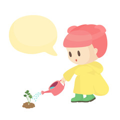 Girls watering plants And talk to the tree blank bubble message