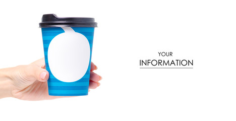 Blue cup with coffee lid in hand pattern on a white background isolation