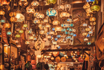 Beautiful stained glass lamps, colorful oriental craft market product in traditional arabic bazaar