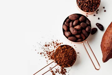 Foto op Canvas Rose gold measuring cups of cocoa beans, cacao nips, cocoa powder and cocoa pods on a white background, flat lay healthy food concept © SEE D JAN