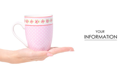 Cup mug vintage pink flower print in hand pattern on white background isolation