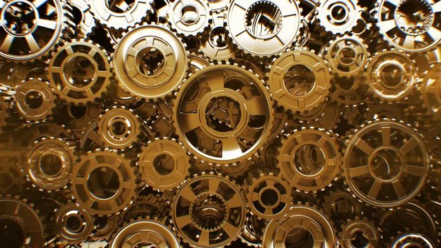 Beautiful Golden Gears Wall Front View Seamless Rotation. Beautiful Looped 3d Animation. Abstract Working Process. Teamwork Business and Technology Concept. 4k Ultra HD 3840x2160.