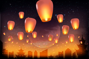 Chinese mid autumn festival. Chinese lanterns in the night sky