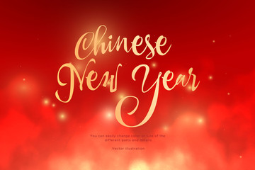 Text Chinese New Year golden color in the clouds. Low poly wireframe art on red background. Concept for holiday or magic or miracle. Effect Starry sky. 