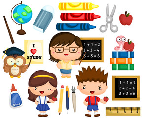 a vector set of many item and object related to school
