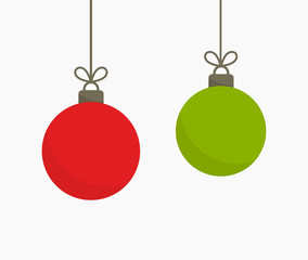 Green and red Christmas balls hanging ornaments.