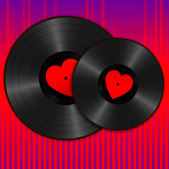 Two Realistic Black Vinyl Records with red heart labels on purple sound wave equalizer background. Retro concept of music and romance - 243330645