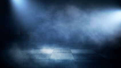 Empty dark room, cold dark background, smoke, smog, the light from the window falls to the floor. Dark blue gloomy background.  Reflection of light on a concrete floor.  3D rendering